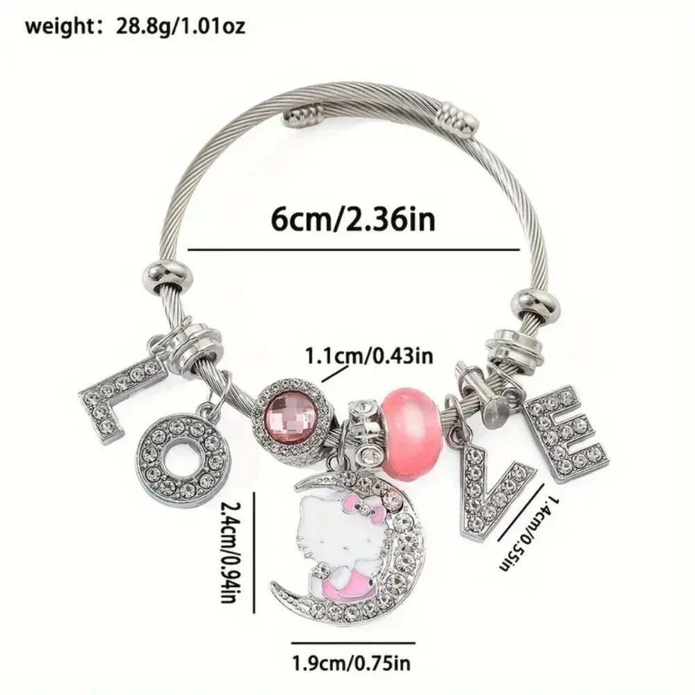 Hello Kitty Charm Bracelet Sanrio Rhinestone LOVE Moon Rave Emo Rave Beads Cute